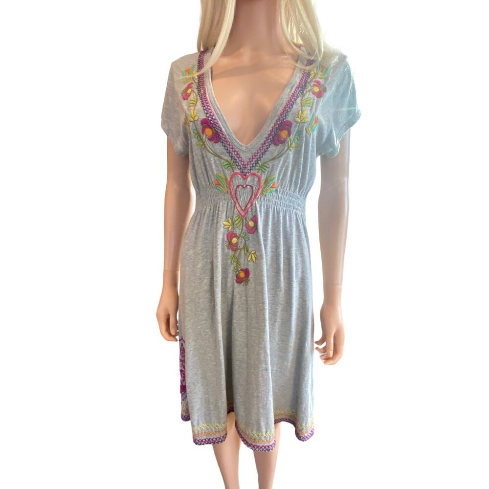 Johnny Was LA Gray Embroidered V-Neck Dress W's Medium Hearts Cotton - Picture 15 of 15